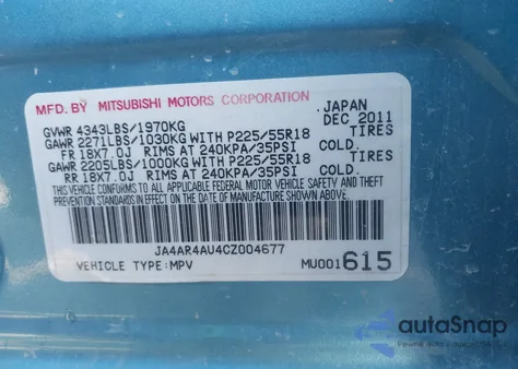 2012 Mitsubishi Outlander Sport Se из США, поврежденный, VIN JA4AR4AU4CZ004677